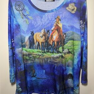 NWOT Western Cowboy Horses Print lightweight blouse Women’s Size S Small